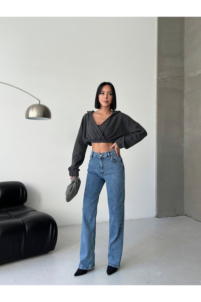 moda paketi Blue Straight Leg Jeans-High Waist