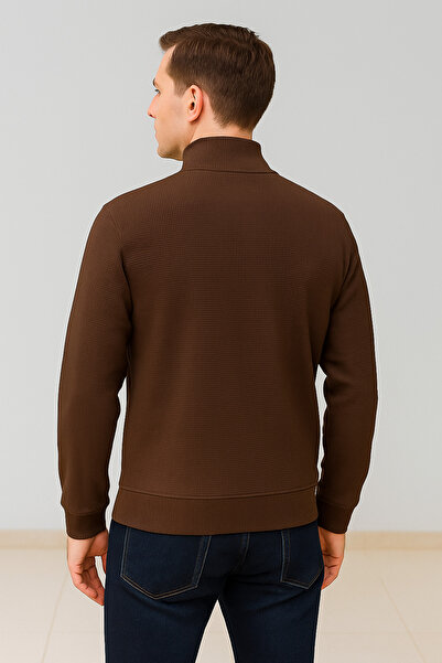 Maccali Men's Zippered Polo Neck Loose Long Brown Knit Sweater