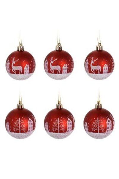 BAMI NETWORK Set of Red Snowy Christmas Baubles with Landscapes & Glitter Ø6cm - 6pcs