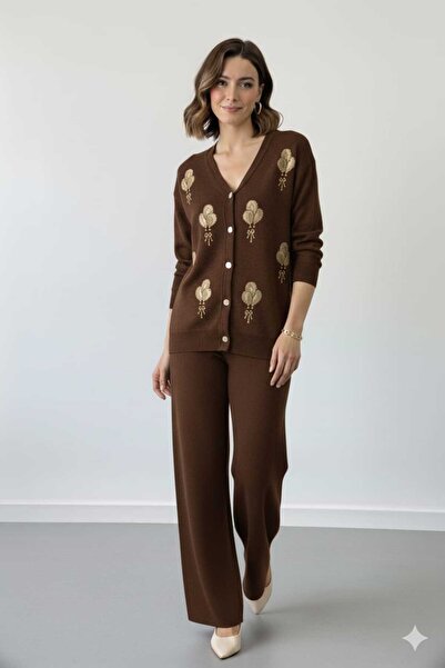 Cemre Life New Deux Two-Button Sequin Embroidery Detailed Knitwear Set