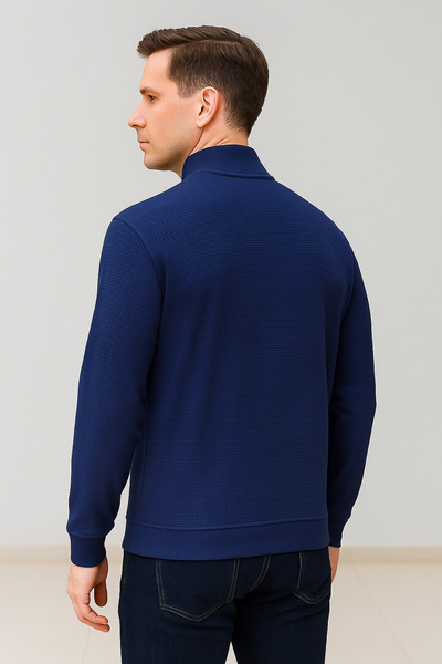 Maccali Men's Zippered Polo Neck Loose Long Navy Blue Knit Sweater