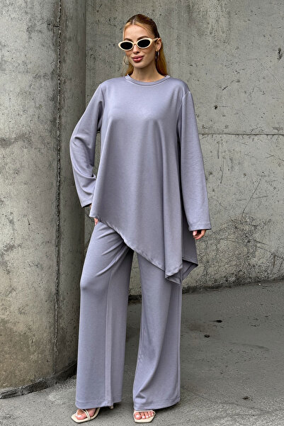 bacc Grey Comfortable Fit Asymmetrical Blouse and Pants Modal Fabric Bottom Top Set Bcvl-25V231