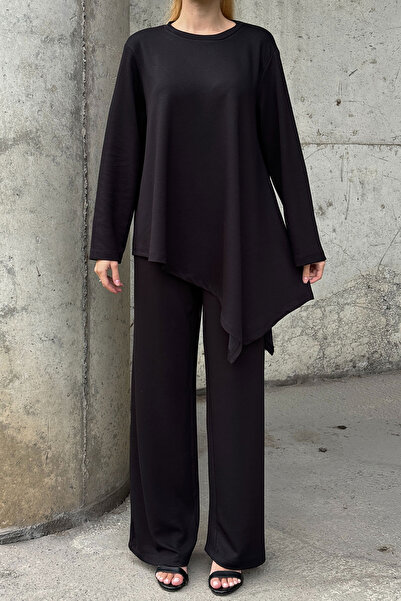 bacc Black Comfortable Fit Asymmetrical Blouse and Pants Modal Fabric Bottom Top Set Bcvl-25V231