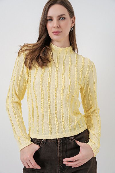 Hiccup Bdart Textured Slim Fit Mock Neck Blouse