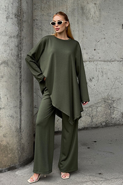 bacc Khaki Comfortable Fit Asymmetric Blouse and Pants Modal Fabric Bottom Top Set Bcvl-25V231