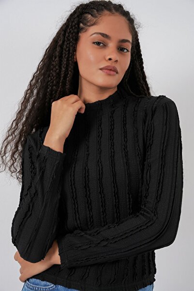 Hiccup Bdart Textured Slim Fit Mock Neck Blouse