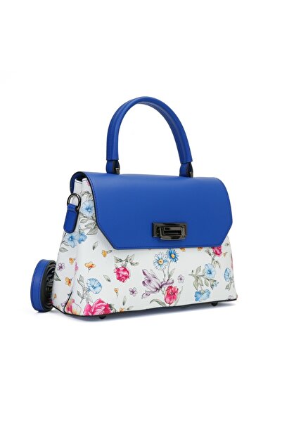 Posete Fagaras Alana Leather Purse - Blue Floral, 2 Compartments, 4 Pockets, Non-Adjustable Strap