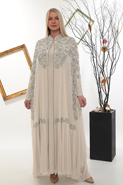MİSS DİAMOND Yakası Taş İşlemeli Bej Kum Abaya Elbise