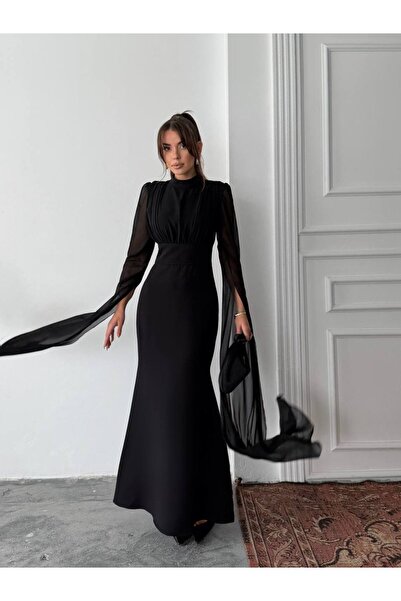 EtikaOnline Kadın Tasarım Karen Tül Kol Korsaj Bağlamalı Uzun Elbise