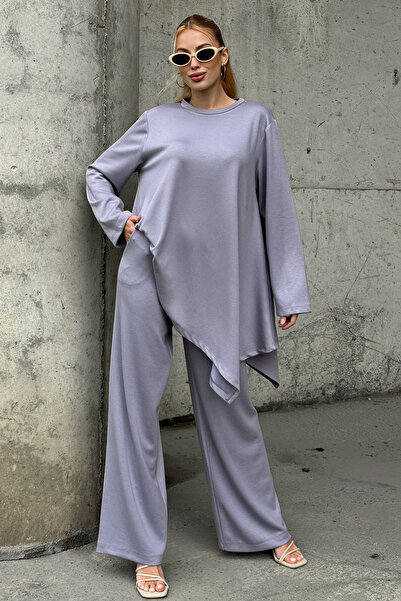 bacc Grey Comfortable Fit Asymmetrical Blouse and Pants Modal Fabric Bottom Top Set Bcvl-25V231
