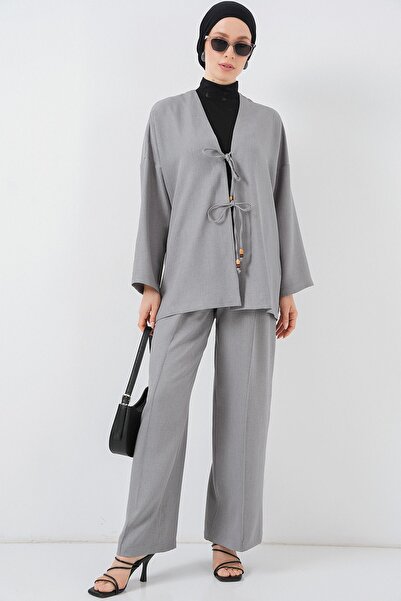 Hiccup Bdart Linen Blend Tie-Up Cardigan and Ribbed Detail Wide-Leg Pants Set