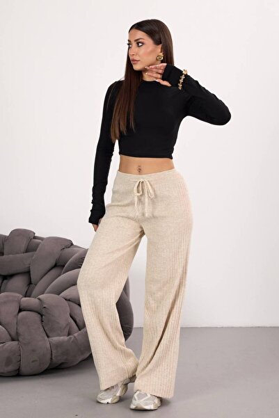 MY DEPO Women's Waist Tie Wide Leg Corded Fabric Knitwear Trousers