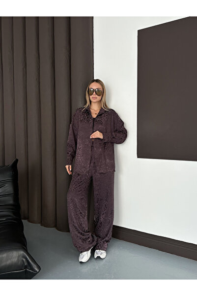 LE CARAMBOLE Women's Purple Leopard Pattern Oversized Shirt Wide Leg Pants Set