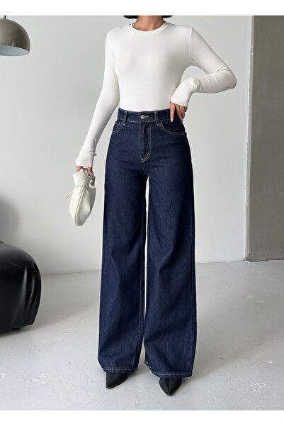 moda paketi talie înaltă Pantaloni de blugi din denim închis cu picioare larg...