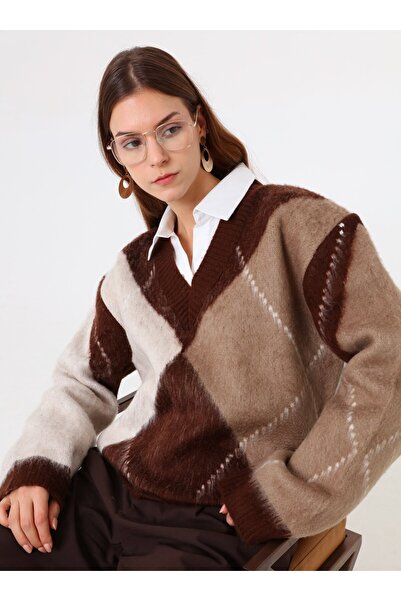 Benin Πλεκτό πουλόβερ με λαιμόκοψη σε σχήμα V - Ανοιχτό καφέ -