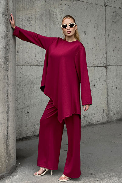 bacc Burgundy Comfortable Fit Asymmetrical Blouse and Pants Modal Fabric Bottom Top Set Bcvl-25V231