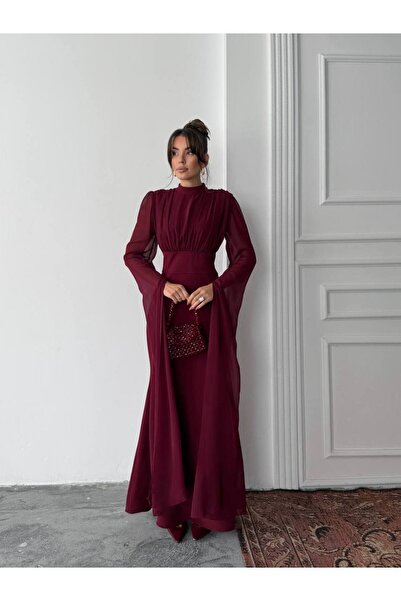 conconmoda Karen Tül Kol Korsaj Bağlamalı Uzun Elbise