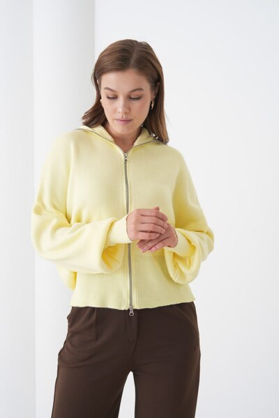 Miss Allos Women's Double Zipper Wide Collar Knitwear Cardigan