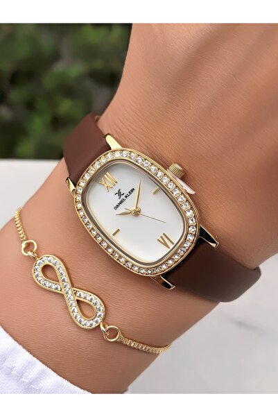 Daniel Klein Kadın Kol Saati Deri Kordon Kahverengi Renk Hediye Bileklik DKF83C2