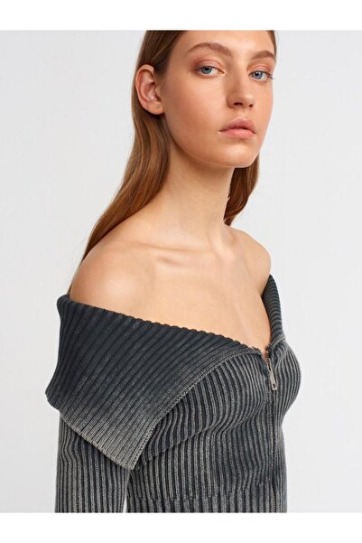 Dilvin 60206 Faded Effect Sleeve Slit Detail Zippered Cardigan