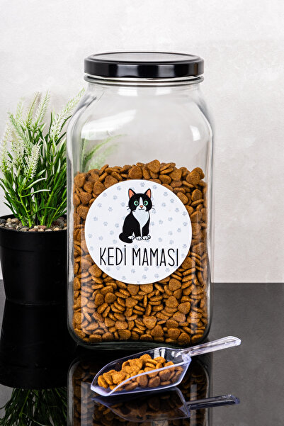Dolkin Home Cinse Özel Kedi Maması Kutusu Etiketli 3000 ml Cam Kavanoz Ölçekl...