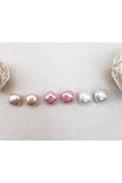 julee.co Kare İnci Görünümlü 3'lü Beyaz,Krem Pembe Renk Küpe(1x1cm)