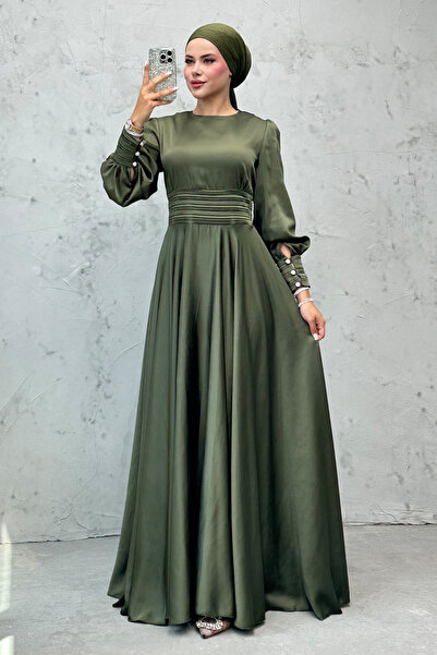 Lamia Giyim Beli Pileli Saten Abiye Haki