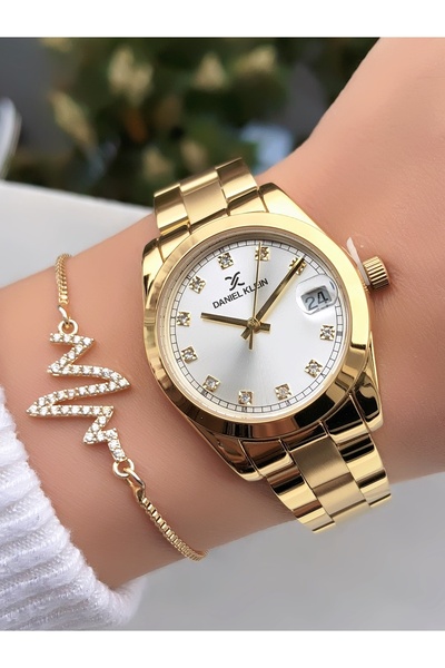 Daniel Klein Kadın Kol Saati Takvimli Çelik Kordon Gold Renk Hediye Bileklik DKF68C3