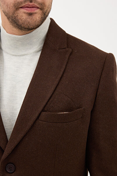 Frappoli Pagano Men's Brown Pointed Collar Slim Fit Cashmere Coat