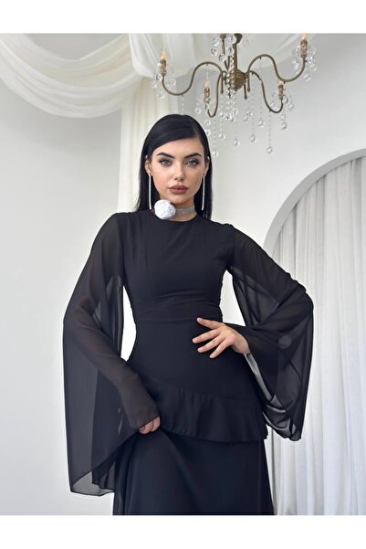 Afiş Butik Siyah Kadın Şifon Tül Kollu Uzun Elbise