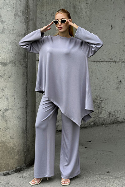 bacc Grey Comfortable Fit Asymmetrical Blouse and Pants Modal Fabric Bottom Top Set Bcvl-25V231