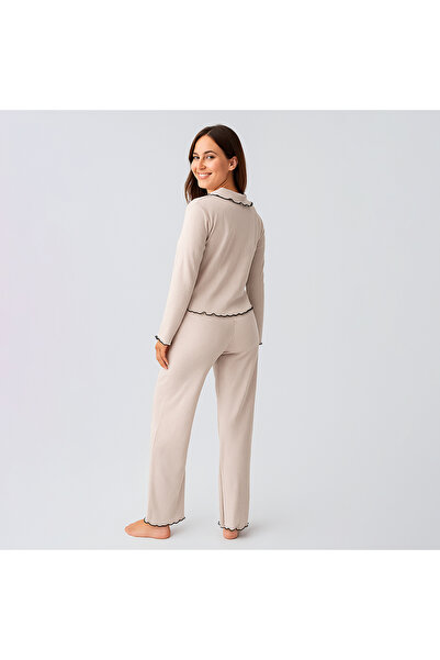 Penelope Σετ πιτζάμες Diana με μακρυμάνικο βολάν με ραφές από βισκόζη - Μπεζ/L