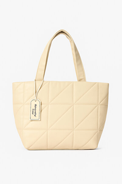 Global Kapitone Kumaş Omuz Çantası — Geniş Hacimli, Hafif & Şık Günlük Çanta (Krem)