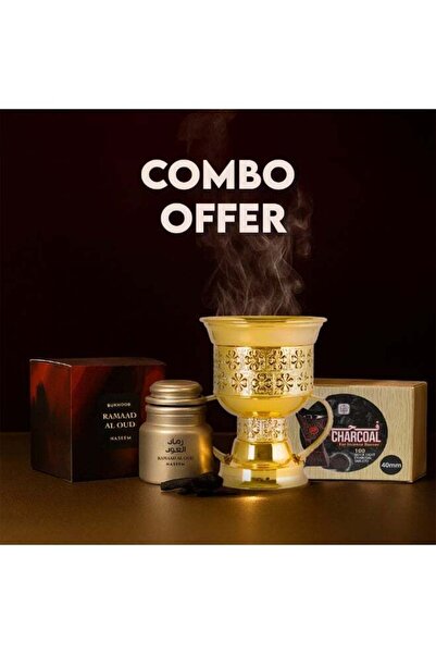 Naseem Bukhoor Combo Set - Ramad Al Oud with Golden Mabkhara & 100 Charcoal Tablets