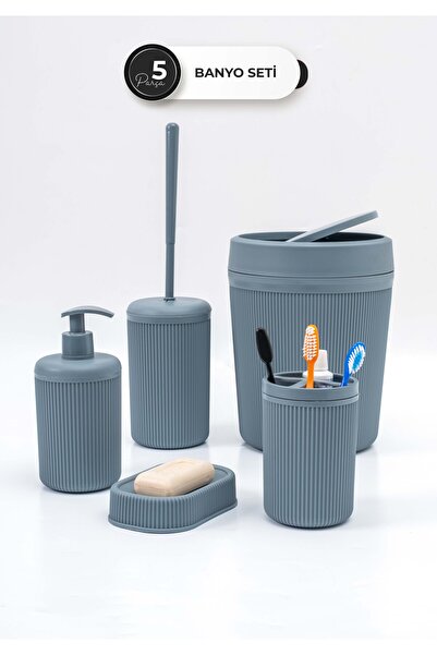 Homekolik 5 Piece Gray Plastic Bathroom Set – Trash Can, Toilet Brush, Liquid Soap Dispenser, Toothbrush Holder, Soap Dish