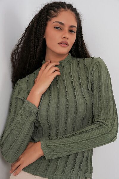 Hiccup Bdart Textured Slim Fit Mock Neck Blouse