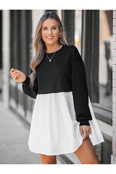 Afri Women's Black Top with White Skirt Detail Sweat Dress – Hijab & Casual Wear Compatible, Comfortable Fit Long Sleeve