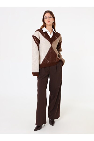 Benin Πλεκτό πουλόβερ με λαιμόκοψη σε σχήμα V - Ανοιχτό καφέ -