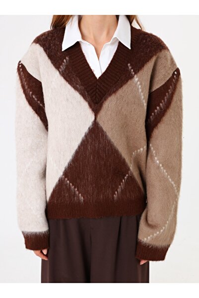 Benin Πλεκτό πουλόβερ με λαιμόκοψη σε σχήμα V - Ανοιχτό καφέ -