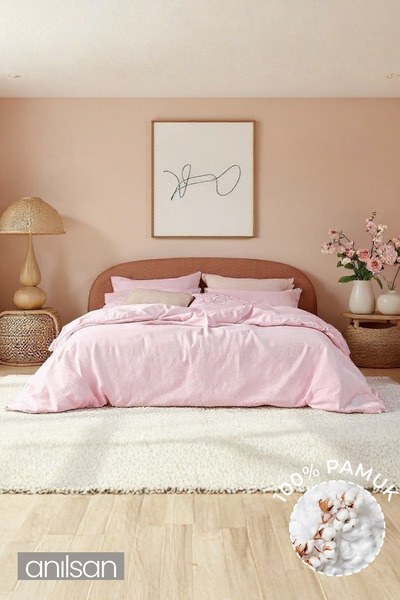 Anılsan Düz Pudra King Elastic Fitted Sheet Buttoned Ranforce Duvet Cover Set 100% Cotton 2 Pillowcases