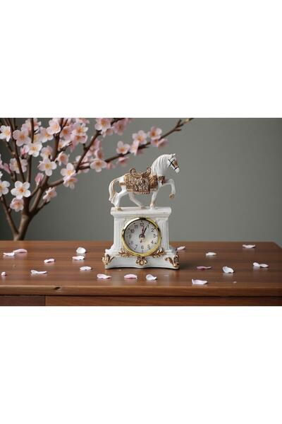 e-life shop Lüks İşlemeli Saatli At Heykeli Dekoratif Masaüstü Biblo Yeni Yen...