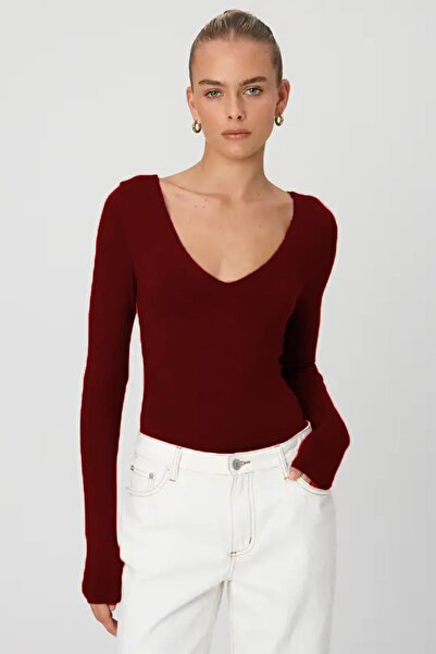Madmext Burgundy V-Neck Long Sleeve Stretchy Fabric Bodysuit Mg2132
