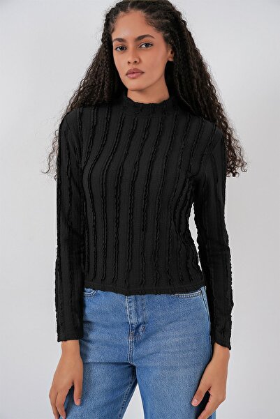 Hiccup Bdart Textured Slim Fit Mock Neck Blouse