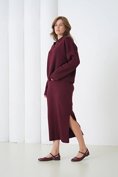 Park Karon Women's Polo Neck Half Placket Oversized Sweater Pants Knitwear Bottom-Top Set