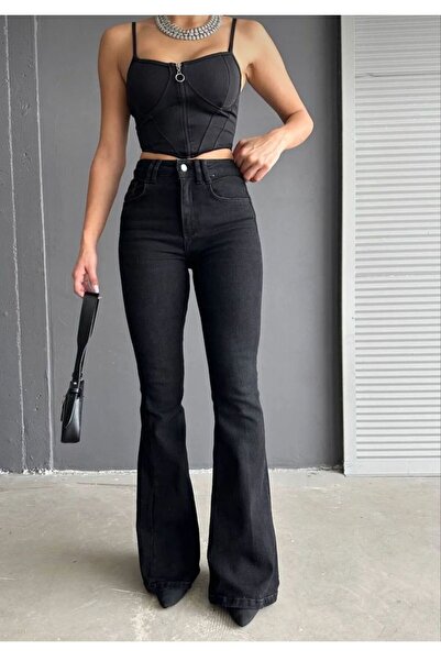 MRİABE Siyah Yüksekbel Likralı Ispanyol Paça Jeans (BEDEN TABLOSU GÖRSELDEDİR)