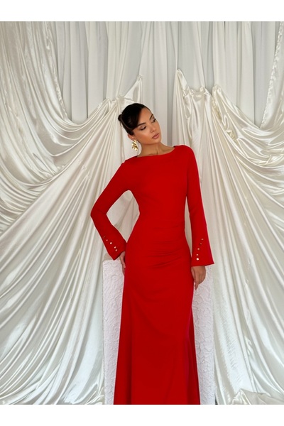 Nesil Cuff Detail Bell Sleeves Fitted Waist Long Length Casual Special Occasion Marbella Women's Dress