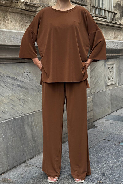 bacc Cinnamon Coffee Comfortable Fit Crew Neck Blouse and Loose Pants Modal Fabric Bottom Top Set Bcvl-25V233