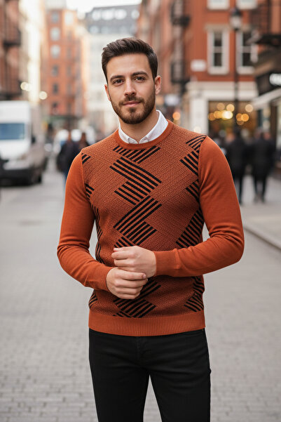 NAZEF Slim Fit Patterned Crew Neck Brick Color Sweater