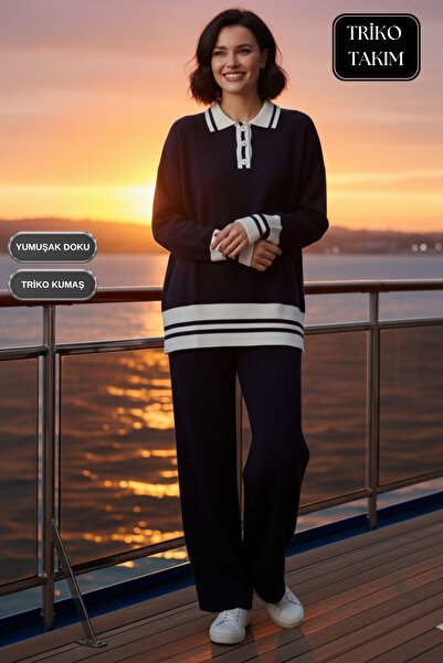 AYMELEK Women's Knitwear Set Striped Polo Neck Buttoned Sweater and Pants Bottom Top Set