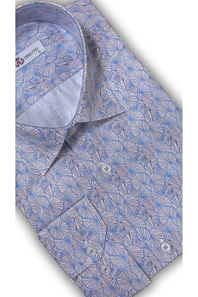 MDZ COLLECTION Mavi Mor Desenli Uzun Kollu Slim Fit Erkek Gömlek